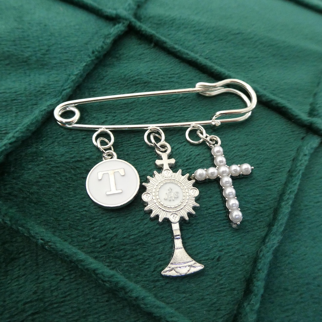 First Communion Brooch Holy First Communion Silver Pin Monstrance Personalized Keepsake Boy or ...