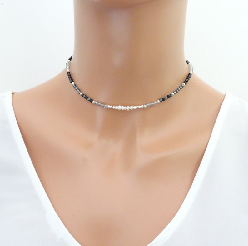 Genuine Beaded Crystal Choker Necklace with Freshwater Pearl, Hematite, Labradorite, Black Tourmaline, Snowflake Obsidian image 1