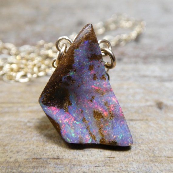 Dainty Hand-carved Boulder Opal Necklace Red Flash Australian Opal