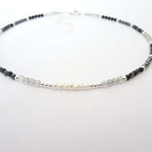 Genuine Beaded Crystal Choker Necklace with Freshwater Pearl, Hematite, Labradorite, Black Tourmaline, Snowflake Obsidian image 7