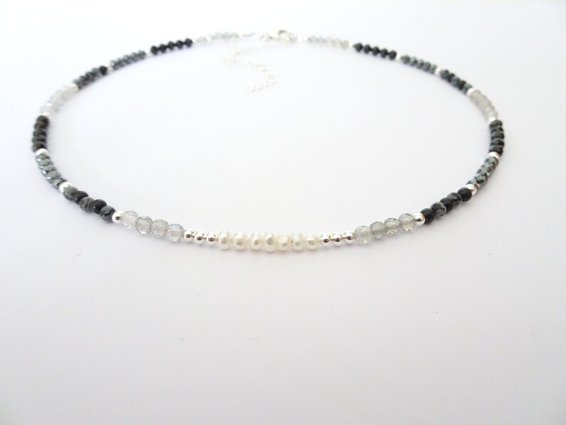 Genuine Beaded Crystal Choker Necklace with Freshwater Pearl, Hematite, Labradorite, Black Tourmaline, Snowflake Obsidian image 7