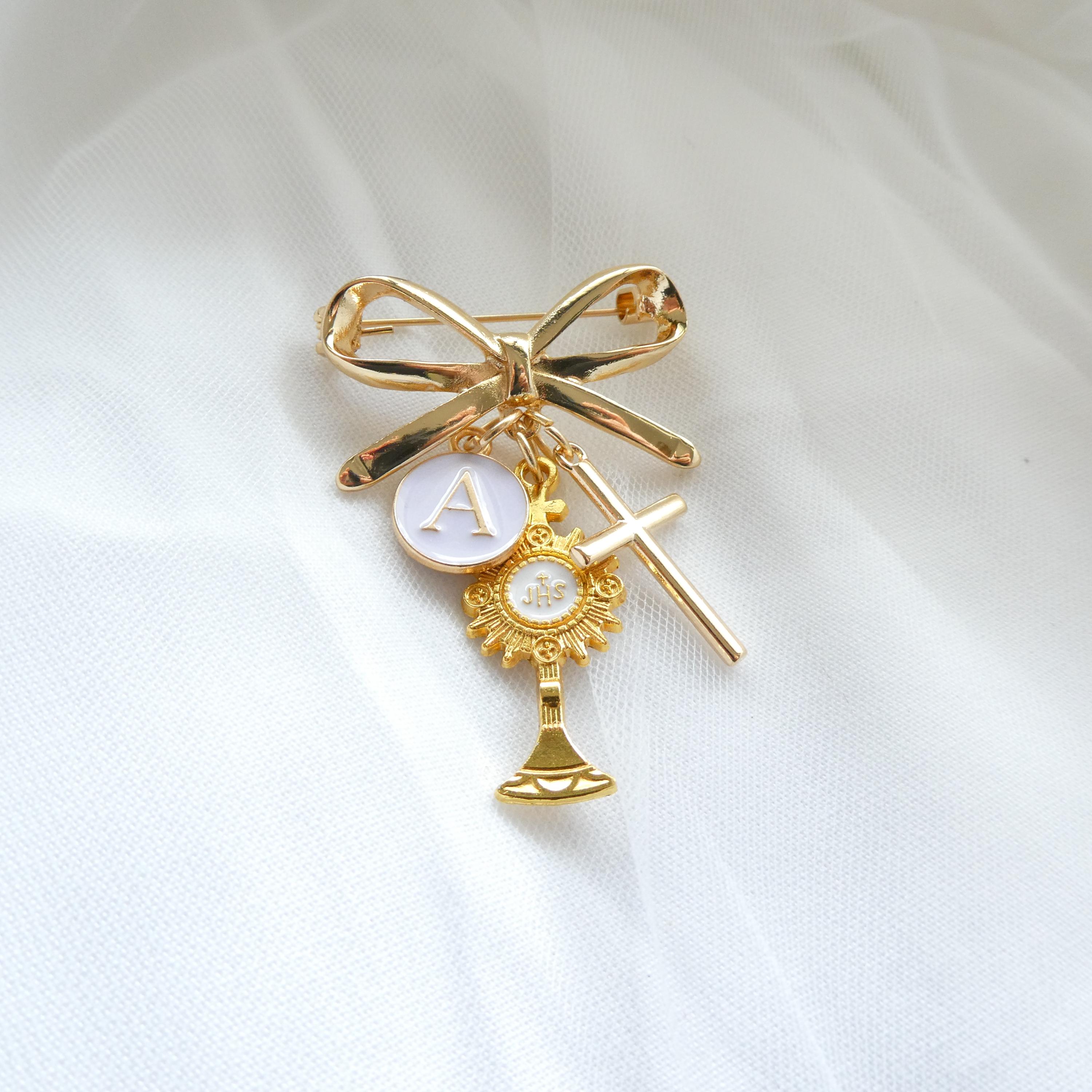 First Communion Brooch Personalized First Communion Brooch – Gold Monstrance Charm, Bow, Cross ...