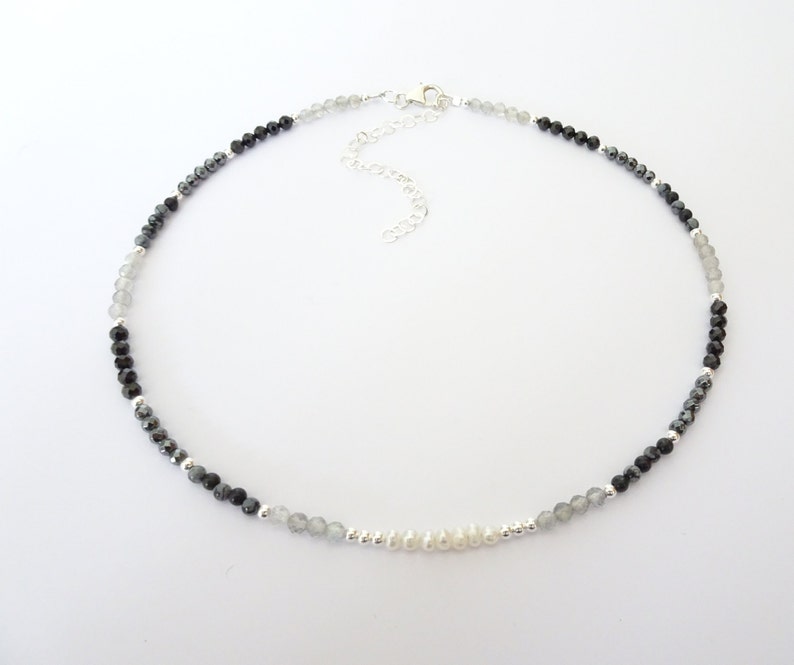 Genuine Beaded Crystal Choker Necklace with Freshwater Pearl, Hematite, Labradorite, Black Tourmaline, Snowflake Obsidian image 2