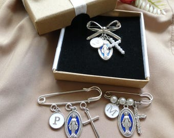 Personalized Miraculous Medal Protection Pin, Custom Initial Baby Brooch, Catholic Baptism Keepsake