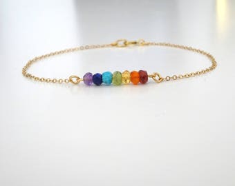 Genuine Natural Gemstone Chakra Bracelet - Yoga Bracelet,  Garnet, Amethyst, Lapis Lazuli, Peridot, Citrine, Turquoise Crystals