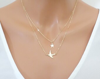 Two Piece Layered Necklace Set, Star and Flying Bird