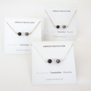Genuine Gemstone Empath Protection Beaded Necklace Black Tourmaline, Hematite Rose quartz