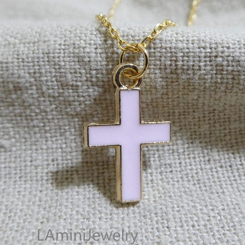 Cross Necklace, Catholic Necklace for Girl, Baptism Keepsake Gift, Pink