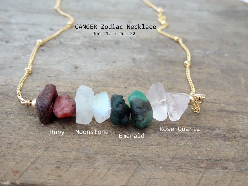 Cancer Zodiac Necklace, July Star Sign Natural Raw Gemstones, Personalized Birthstone, Crystal Jewelry, Bridesmaid Gift 