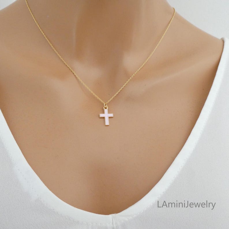 Cross Necklace, Catholic Necklace for Girl, Baptism Keepsake Gift, Pink