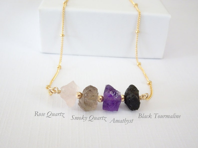 Genuine Empath Protection Necklace, Natural Raw Crystals, Amethyst, Black Tourmaline, Rose Quartz, Smoky Quartz 