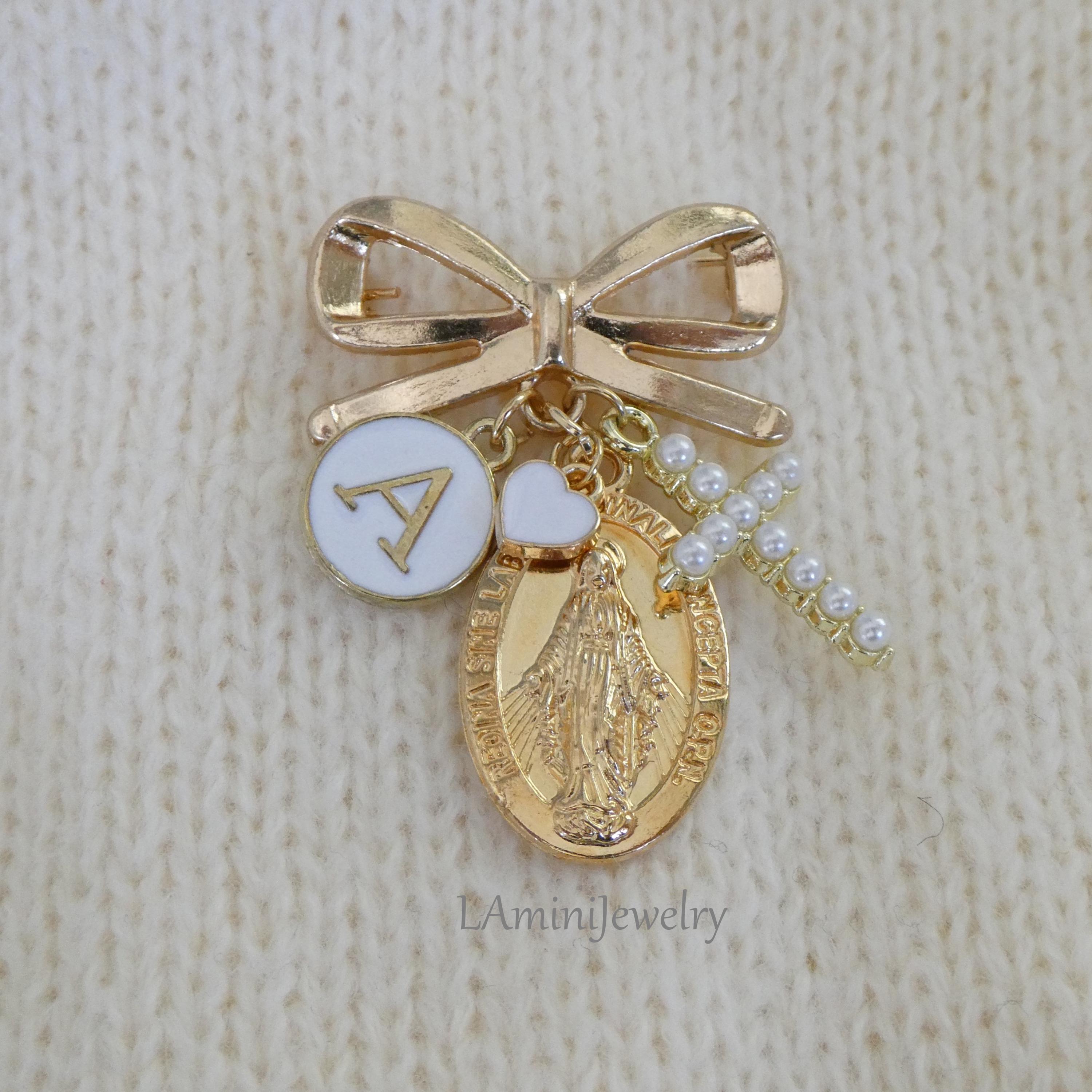 Personalized Virgin Mary Baptism Pin: Gold Cross, Initial Brooch