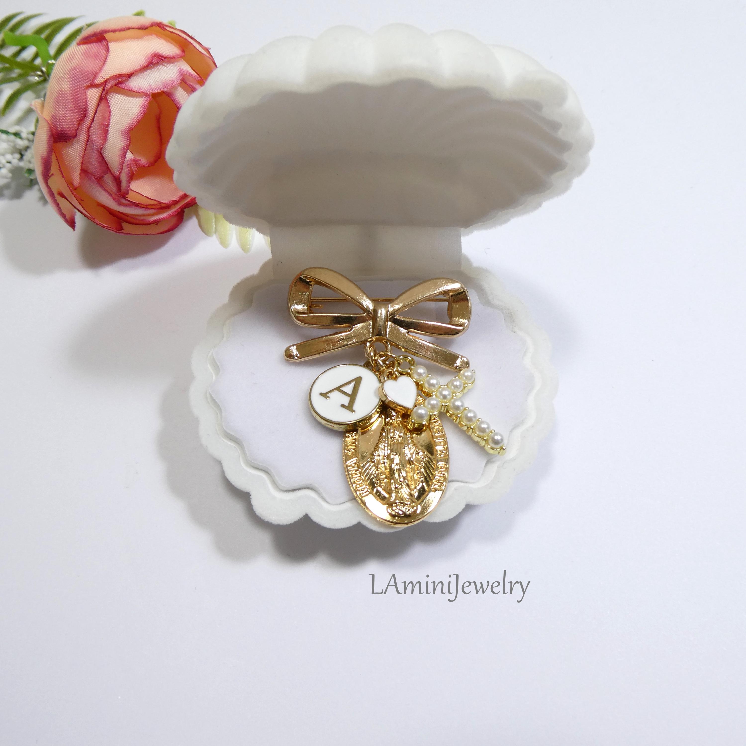 Personalized Virgin Mary Baptism Pin: Gold Cross, Initial Brooch