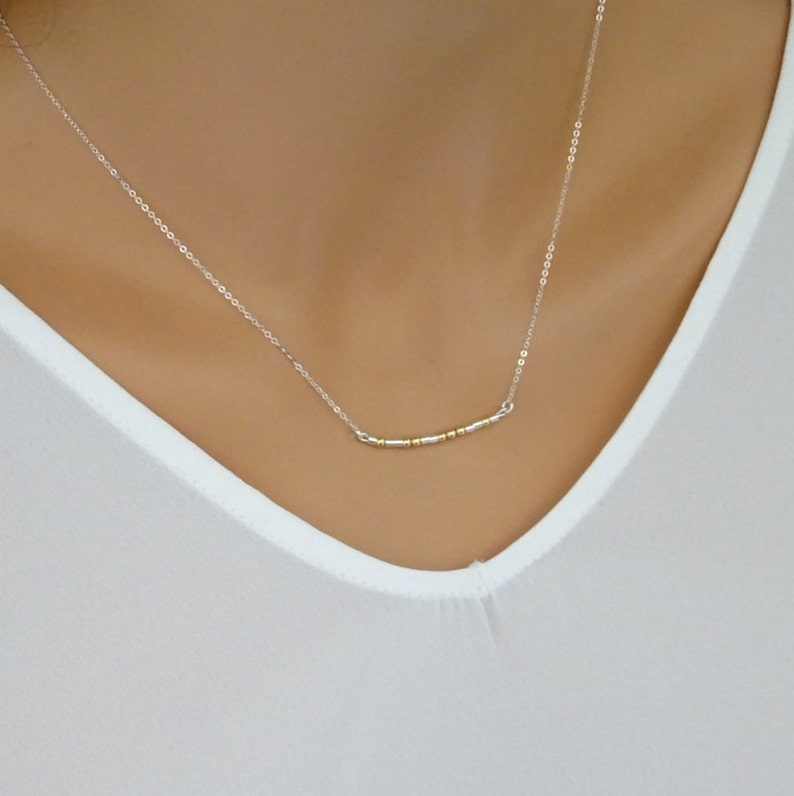 Sterling Silver Cable chain Morse code Necklace. 14K Gold mixed metals Jewelry for Women.