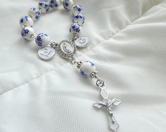Something Blue Mini One Decade Wedding Rosary Personalized Couple Initials, Catholic Gift