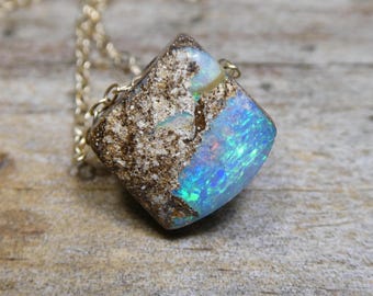 Australian Green Boulder Opal Necklace, Minimalist Drilled Stone  Pendant, Genuine  Blue Fire Gemstone Jewelry, Gift for Women