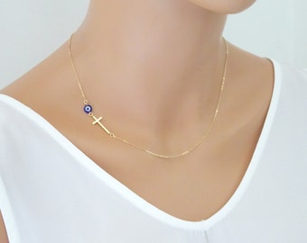 Gold Filled Jewelry Evil Eye Cross Necklace Protection Necklace Gold Sideways Cross Necklace 