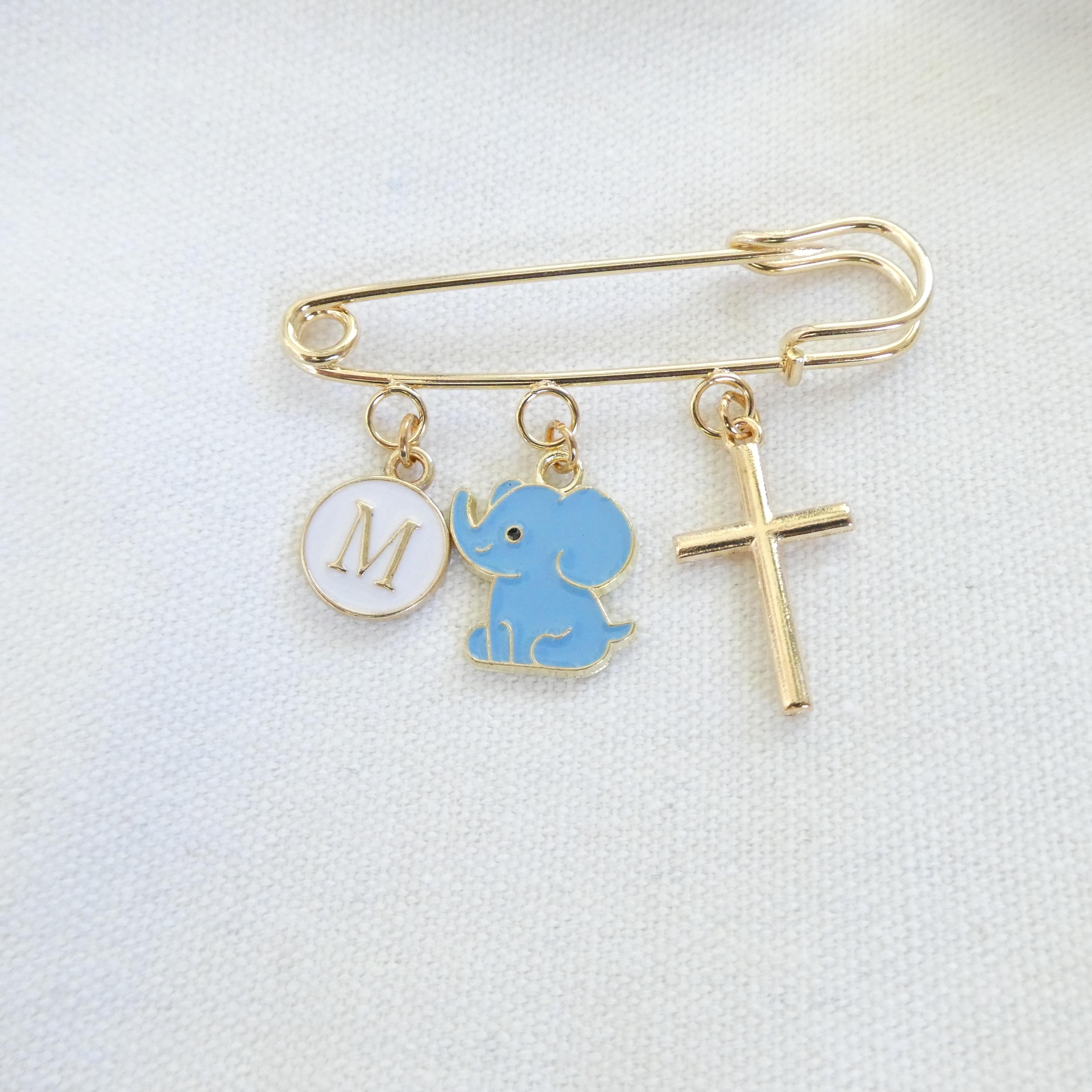 Personalized Christening Pin: Gold Plated, Initial Charm, Baby Boy Gift