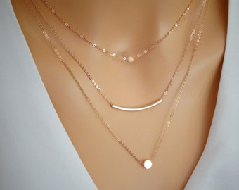 Rose Gold Layered Necklace Set of Three, Delicate Jewelry, Birthday Gift for Her