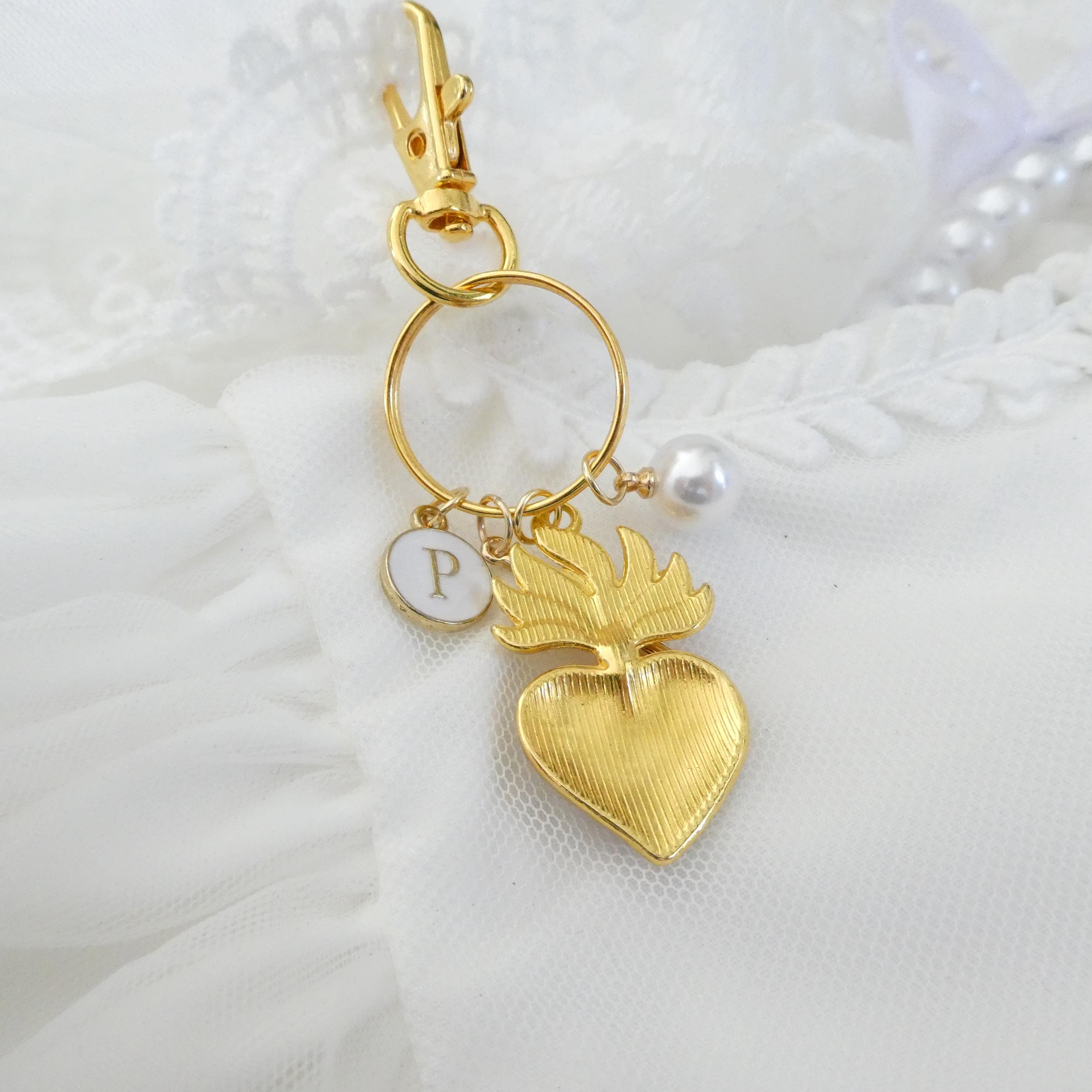 Sacred Key Chain Sacred Heart of Jesus Keychain Red Enamel, Gold Cross, Pearl, Initial ...