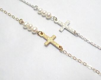 Sideways Cross Necklace, Birthstone Jewelry, Natural Gemstone