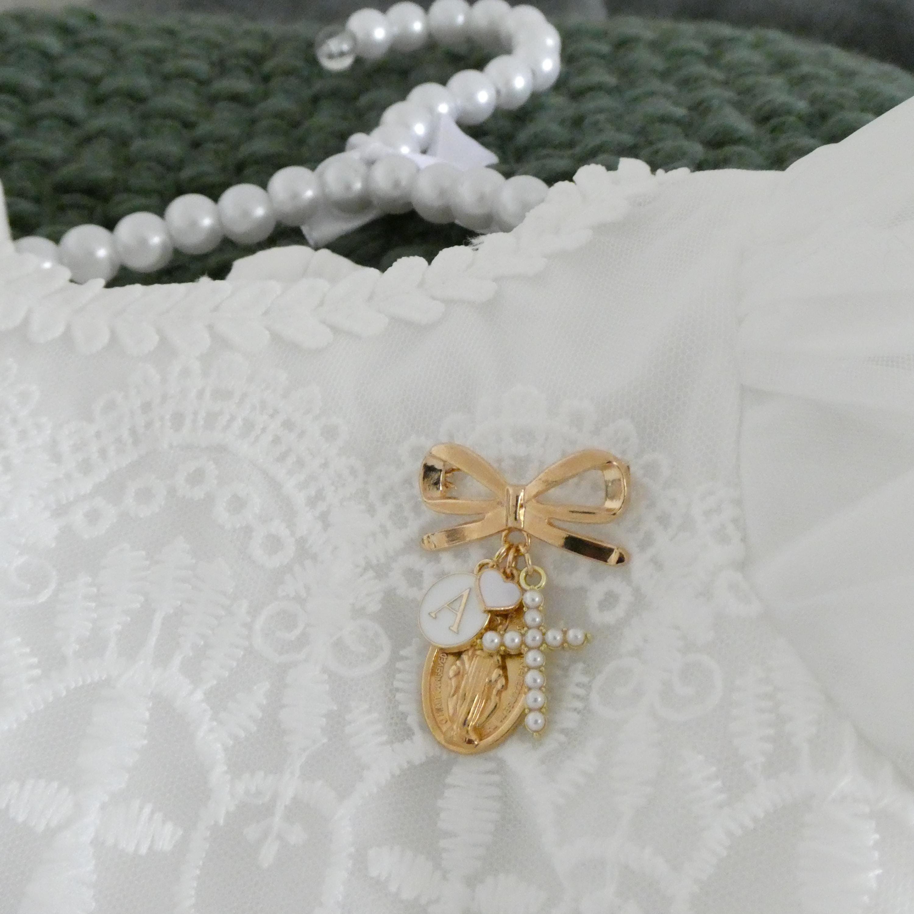 Personalized Virgin Mary Baptism Pin: Gold Cross, Initial Brooch