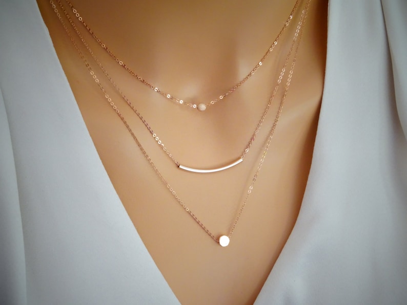 Laminijewelry Rose Gold layered necklace, Gift for her,Stardust & Curved bar, 3 Separate necklaces, rose gold layered necklace set 