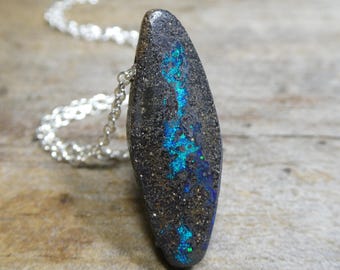 Surf board Boulder Opal Necklace Long Marquise Australian Matrix Opal Pendant Electric Teal Blue Sparkle Handmade Jewelry Gift for Men Women