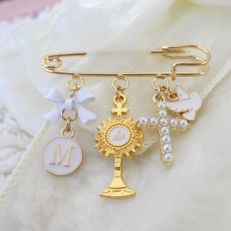 First Communion Brooch Personalized First Holy Communion Pin: Monstrance Cross Keepsake Brooch ...