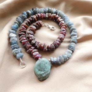 Raw Emerald, Ruby, Sapphire Statement Necklace, Sterling Silver Clasp, Natural Gemstone Jewelry