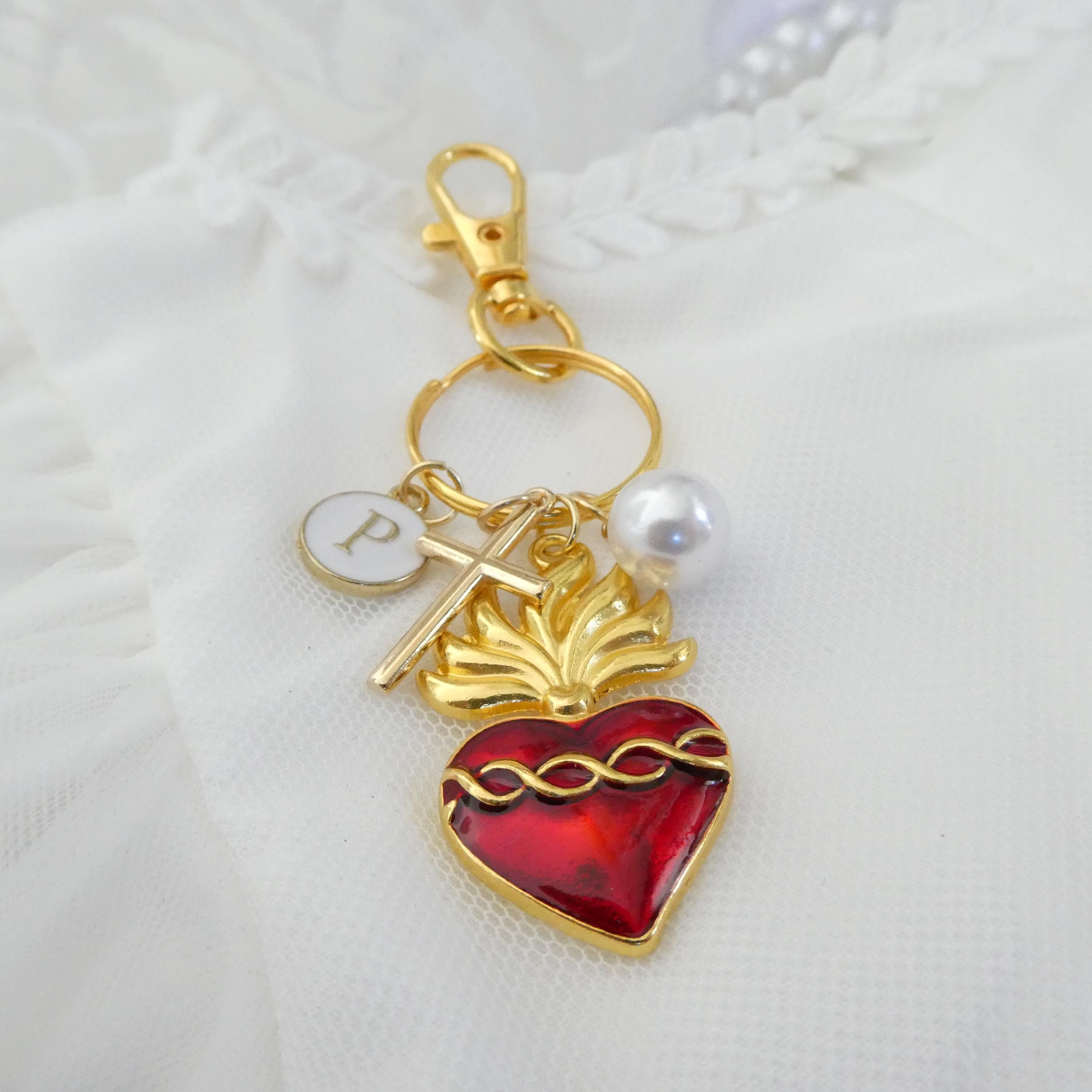 Sacred Key Chain Sacred Heart of Jesus Keychain Red Enamel, Gold Cross, Pearl, Initial ...