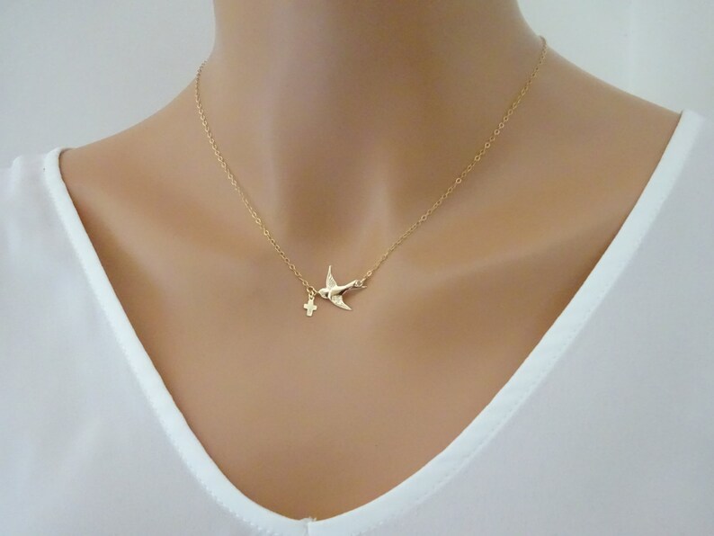 Bird Necklace, Cross Charm, Catholic Gift Jewelry, Religious, Confirmation Gifts for Girls, Christening goddaughter gifts from godmother 