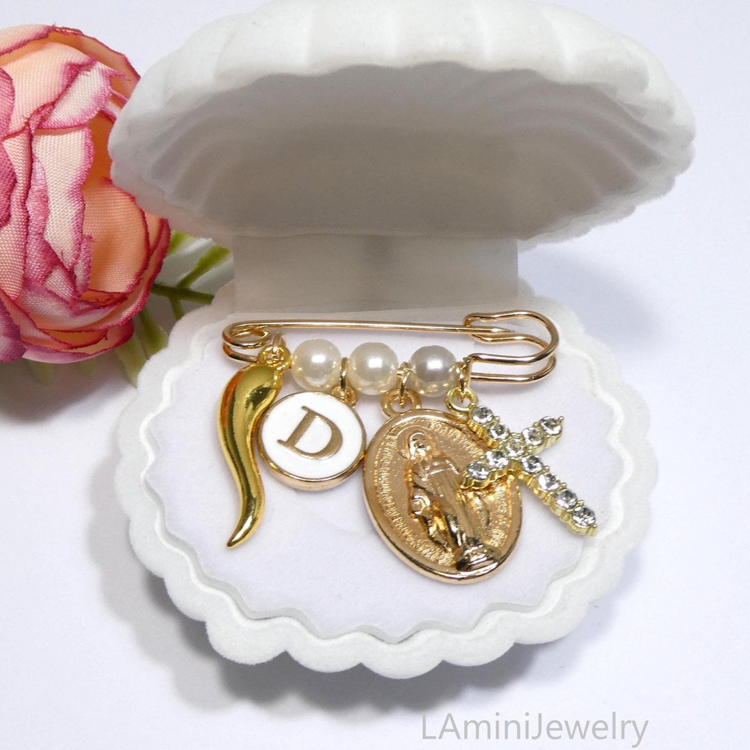 Personalized Gold Baby Baptism Pin, Protection Brooch, Custom Initial ...