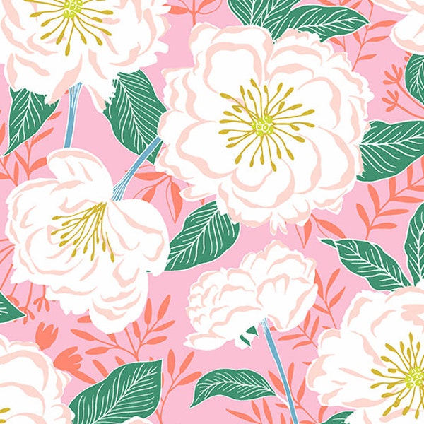 Flora und Fauna von Patty Sloniger - Pink Camelias - Quilt Stoff - Baumwolle