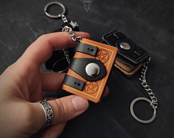Mini Leather book bag charm or keyring, Handmade Purse Charm, Fantasy Book or Grimoire in Tobacco color