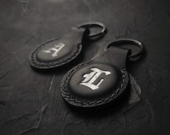Personalized Gothic Initial Keychain, Black Leather Teardrop Key Fob, Silver Fraktur Letter, Medieval Monogram Gift, or personal bag charm