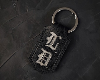 Personalized Leather Keychain with Gothic Initials – Hand Painted Chrome Letters, Custom Name Key Fob