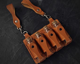 Medieval Leather Vial Holder for LARP Adventurers, handmade brown vial holster with bottles