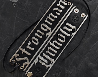 Custom Leather Bracelet with Gothic Text – Made to Order Personalized Dark Wristband