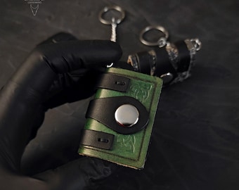 Mini Leather book bag charm or keyring, Handmade witchy gift, Fantasy Diary or green Grimoire