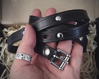 Italian Leather narrow belt with stainless steel buckle and accessories, black Skinny Belt, Silver Stud