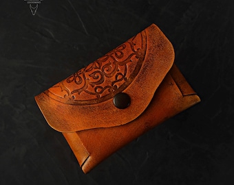 Leather card wallet with Victorian ornament embossing. Handmade Gothic small brown wallet or cardholder