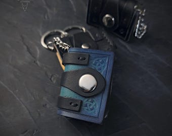 Mini Leather book bag charm or keyring, Handmade Purse Charm, Blue Fantasy Book or Grimoire