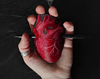 Anatomical Heart Leather Hair Barrette – Gothic Handmade Hair Clip – Dark Romantic Statement Accessory