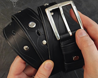 Black Leather Belt Handmade – Minimalist Gothic Belt, Genuine Vegetable Tanned Leather, Unisex Basic Belt