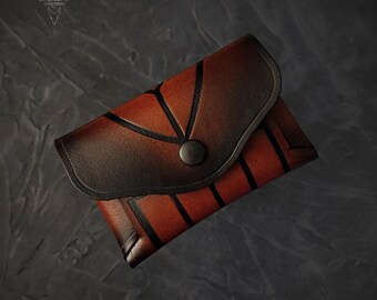 Slim leather wallet with gothic window embossing. Handmade, vintage brown business card holder