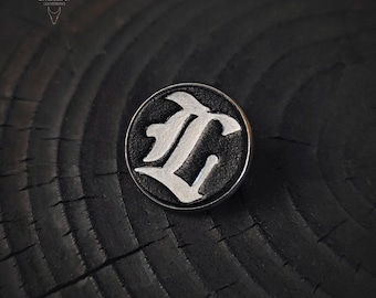 Personalized Gothic Initial Pin – Custom Fraktur Letter Badge in Silver on Black, Medieval Gothic Accessory