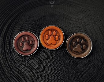 Leather Paw Print Pin Set of 3 | Handmade Pet Lover Lapel Pins | Cat Paw Push Pins in Mahogany Saddle Tan and Antique Black