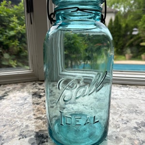 Vintage Aqua Blue Ball Ideal Jar: Half Gallon with Wire Bale & Glass Lid