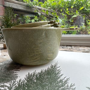 Pinecone Set Of 4, Ceramic, Dry Measuring Cups, 1/4, 1/2, 3/4, 1, Bakers Tools, Farmhouse Style, Ironstone Glaze Pine-tree